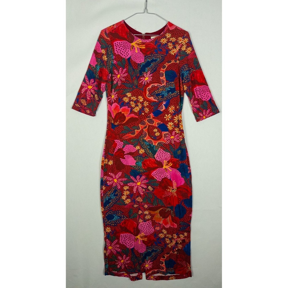 Farmrio Floral Bodycon Midi Dress Red‎ Pink 3/4 Sleeve Tropical Hibiscus M